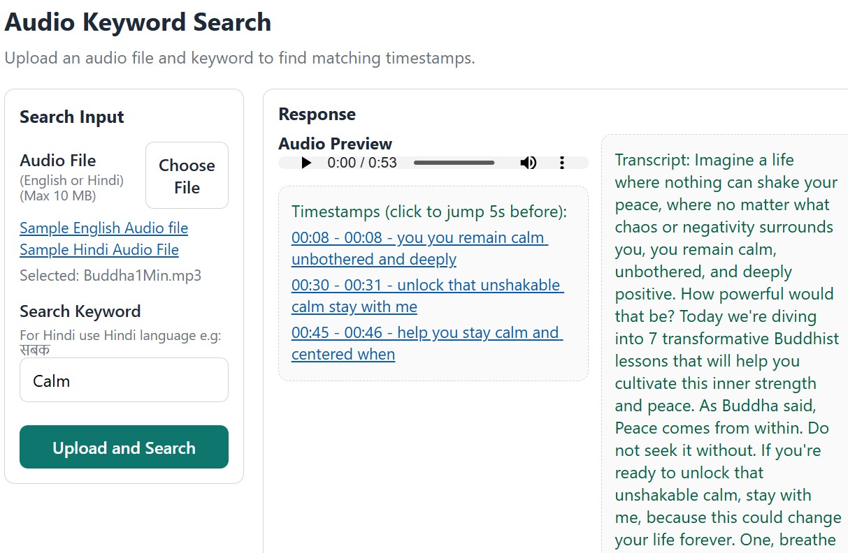 Multilingual audio search and timestamp navigation interface